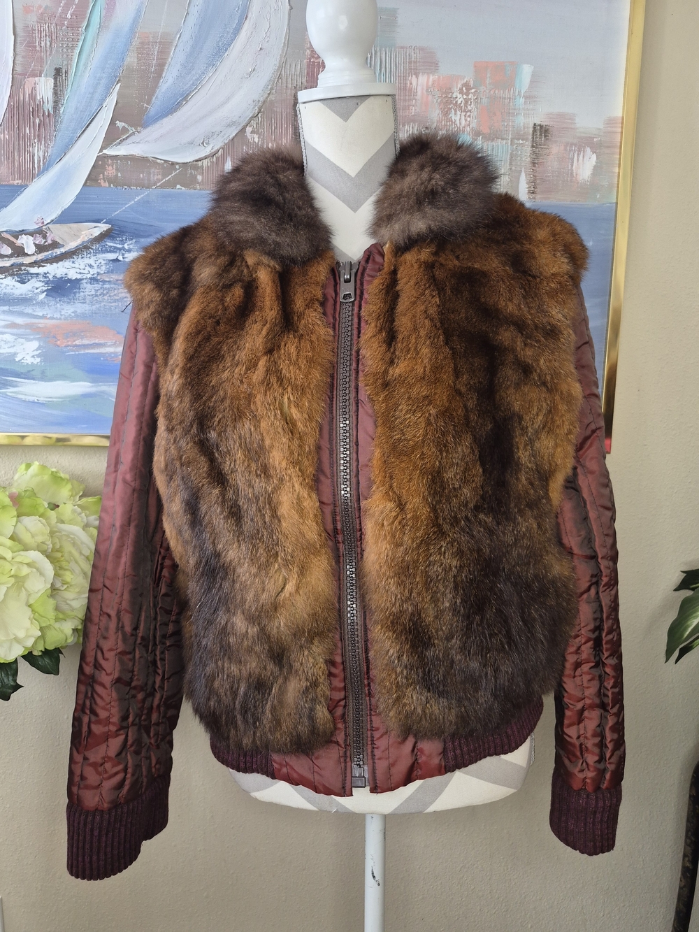 Vintage Reversible Women's Marroon Brown Fur-Front Quilted Jacket